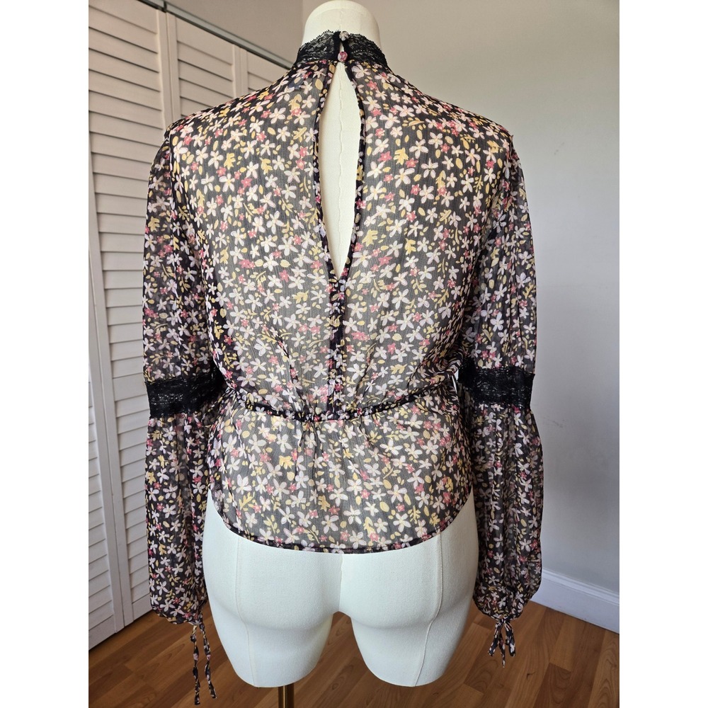 Topshop Floral Lace Trim Mock Neck Sheer Blouse Sz 10 Cottage Romantic Victorian - Picture 6 of 10